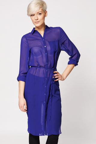 Chiffon Sheer Button Up Tunic Top In Royal Blue-Blue -16