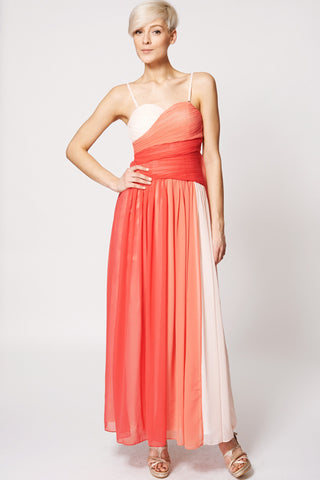 Pleated Top Mix Colour Evening Dress-Coral-L