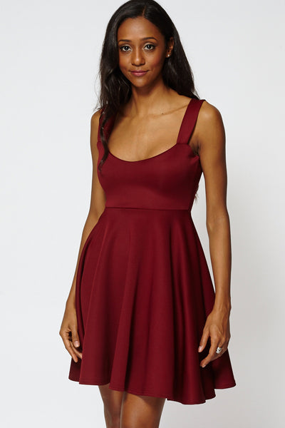 Burgundy High Waist Shoulder Skater Dress Ex-Branded-Burgundy-18