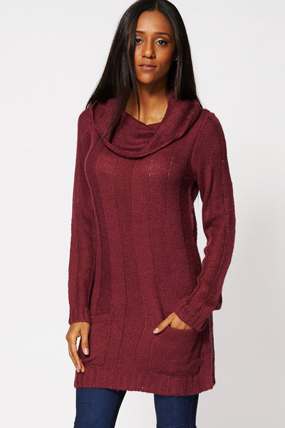 Cowl Neck Open Pocket Dress-Purple-XL
