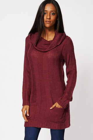 Cowl Neck Open Pocket Dress-Purple-XL