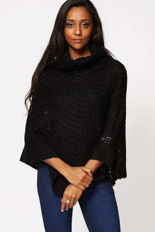 Black Chunky Neck Asymmetric Hem Poncho-Black-One Size