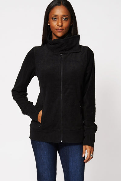 Fleece High Collar Thumb Hole Sleeve Jumper -Black-14