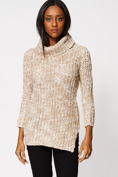 Chunky Loose Knit Side Slit Jumper-Beige-S