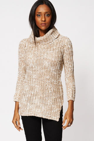 Chunky Loose Knit Side Slit Jumper-Beige-S