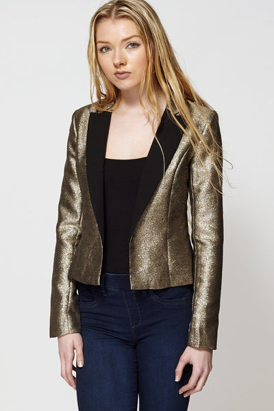 Textured Gold Thread Flap Open Jacket-Gold-L