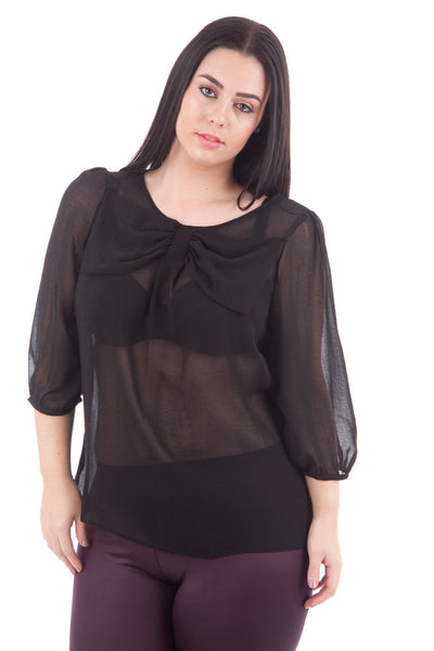 Chiffon Bow Shirt-Black-UK 16 - EU 44