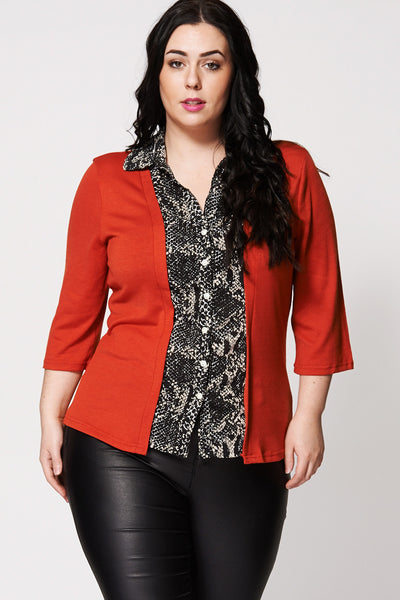 Snake Skin Print Front Shirt And Cardigan Two-In-One-Orange-16