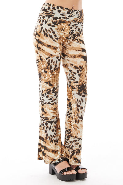 Stretchy Summer Flared Animal Print Trousers-Leopard-XLarge - UK (12-14)