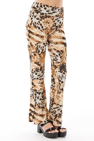 Stretchy Summer Flared Animal Print Trousers-Leopard-XLarge - UK (12-14)