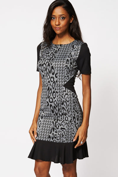 Patterned Short Sleeve Frill Hem Dress-Black-16