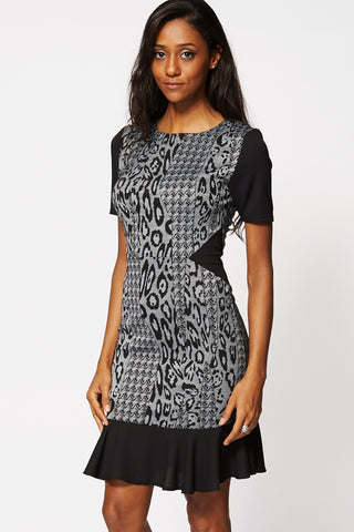 Patterned Short Sleeve Frill Hem Dress-Black-16