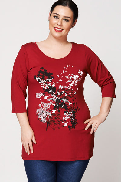 Woodland Print Dipped Hem Top-Red-UK 22/24 - EU 50/52