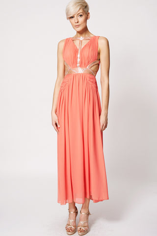 Seed Beads Cut Out Design Evening Dress-Coral-M