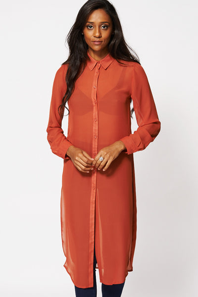 Burnt Orange Sheer Side Slit Tunic Top-Orange-16