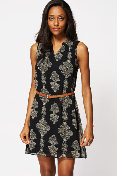 Oriental Print Sleeveless Belted Shift Dress Ex-Branded-Black-20