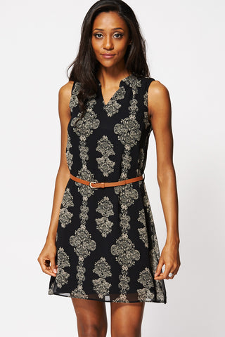 Oriental Print Sleeveless Belted Shift Dress Ex-Branded-Black-20