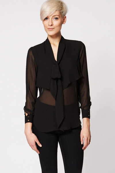 Black Double Layer Front Tie Neck Blouse Ex-Branded-Black-L