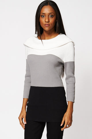 Colour Block Turn Down Collar Knitted Jumper-Multi-L