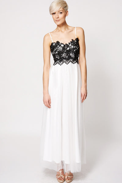 Black Crochet Top Shoulder Strap Tulle Evening Dress-White -L