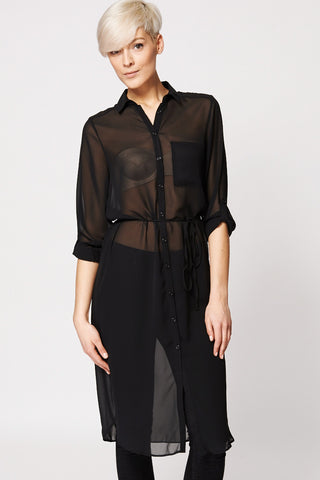Chiffon Sheer Button Up Tunic Top-Black-16
