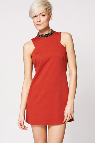 Burnt Orange Bodycon Dress With Rhinestone Detail Neck Ex-Branded-Orange-14