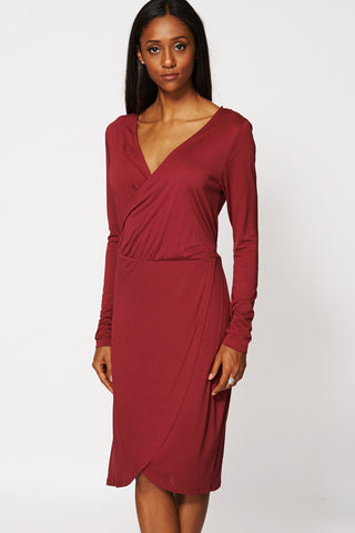 Burgundy Jersey Wrap Dress Ex-Branded-Burgundy-UK 12 - EU 40