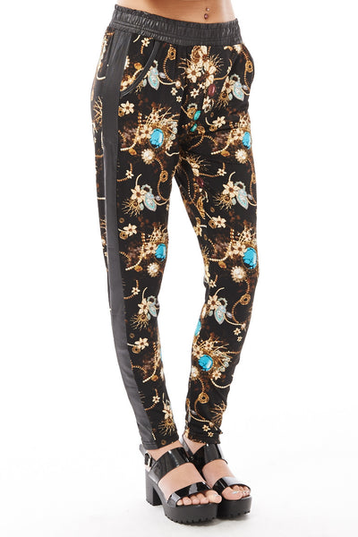 Jewellery and Floral Print Trousers with Wet Look Detail-Black-L/XL - UK (12-14)