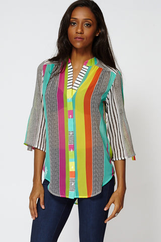 Multi-Coloured Striped Button Up Sheer Shirt-Multi-14