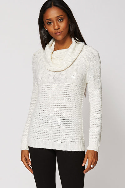 Cowl Neck Mixed Patterned Knit Jumper-Cream-L