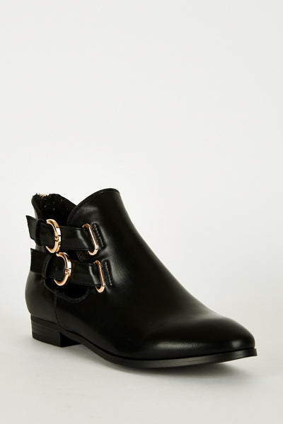 Black Double Buckle Zip Heel Ankle Boots-Black-UK 8 - EU 41