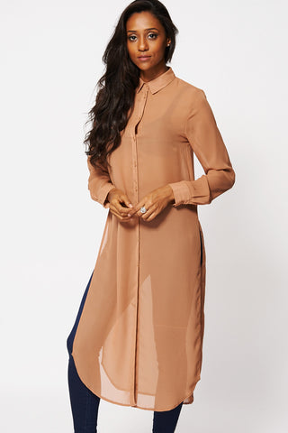 Chiffon Side Slit Tunic Top-Brown-14