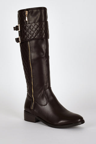 Quilted Panel Double Buckle Detail Calf Boots-Brown-UK 7 - EU 40
