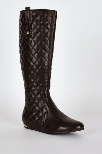 Quilted Metal Heel Detail Flat Calf Boots-Brown-UK 5 - EU 38
