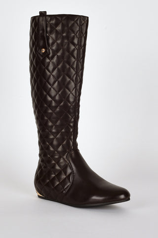 Quilted Metal Heel Detail Flat Calf Boots-Brown-UK 5 - EU 38