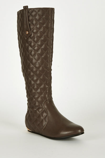 Metal Heel Detail Flat Calf Quilted Boots-Brown-UK 7 - EU 40