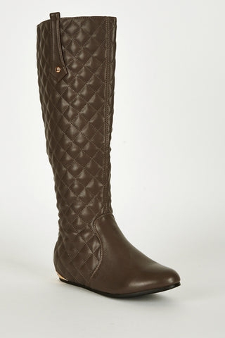 Metal Heel Detail Flat Calf Quilted Boots-Brown-UK 7 - EU 40