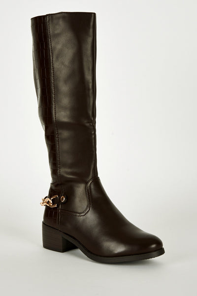 Chain Heel Detail Leatherette Boots-Brown-UK 7 - EU 40
