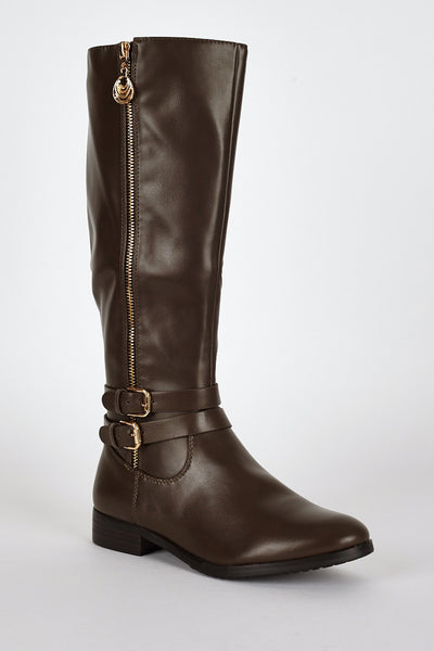 Double Buckle Detail Leatherette Calf Boots-Brown-UK 7 - EU 40