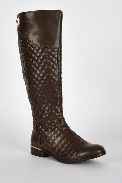 Quilted Leatherette Low Heel Calf Boots-Brown-UK 7 - EU 40