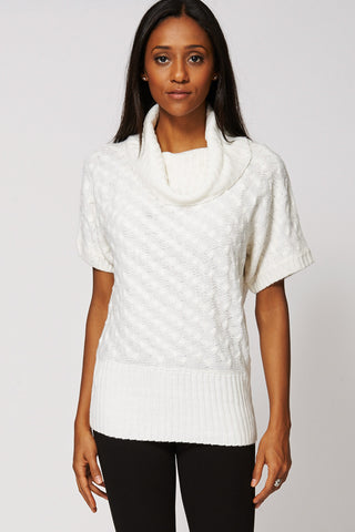 Cowl Neck Pattern Knitted Batwing Top -Cream-L