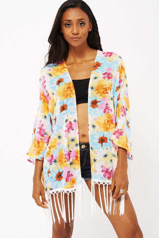 Floral Fringed Kimono-Sky Blue-XLarge - UK (14-16)