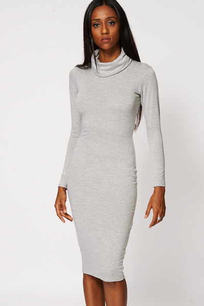 Grey Cowl Neck Fitted Dress-Grey-UK 16 - EU 44