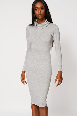 Grey Cowl Neck Fitted Dress-Grey-UK 16 - EU 44