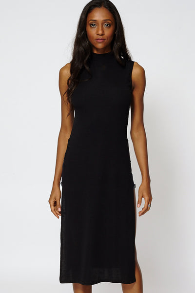 Ribbed Sleeveless Side Slit Tunic Long Top -Black-14