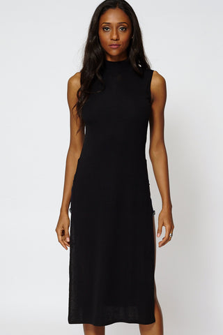 Ribbed Sleeveless Side Slit Tunic Long Top -Black-14