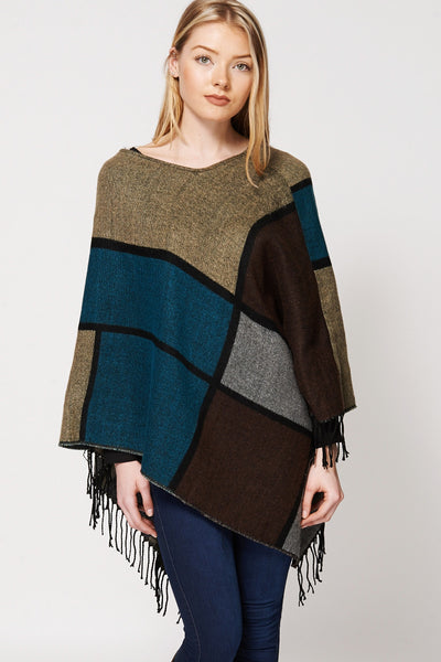 Knitted Geometric Design Poncho With Fringe-Multi-One Size