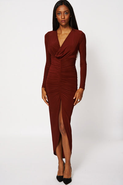 Plunge Ruched Midi Dress-Burgundy-UK 16 - EU 44