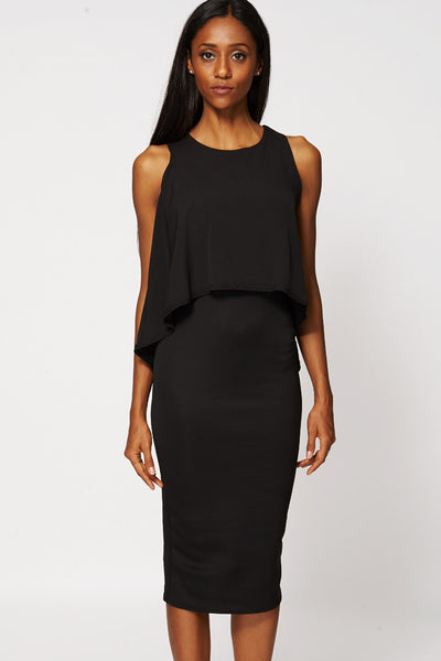 Black Double Layer Sleeveless Midi Scuba Dress-Black-UK 12 - EU 40