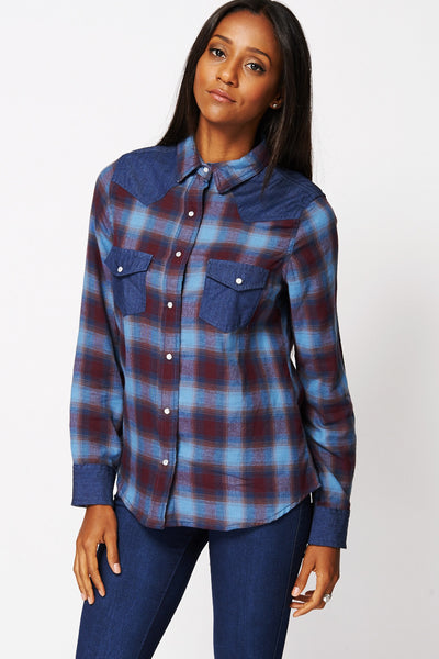 Checked Shirt with Denim Detail Available in Plus Sizes-Blue -UK 8 - EU 36